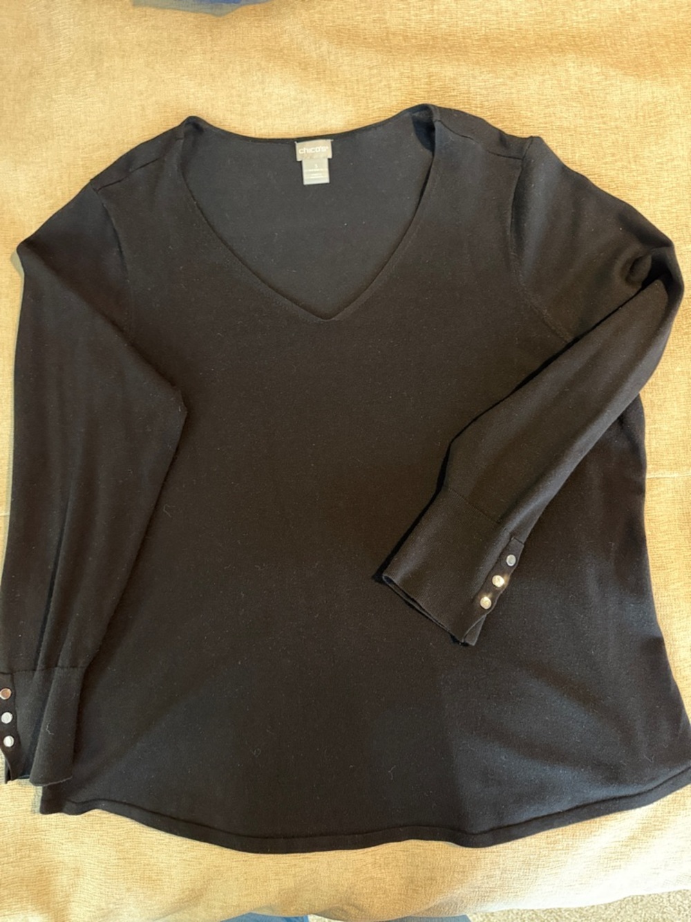 Chico's Black V-Neck Long Sleeve Top with Button Cuffs